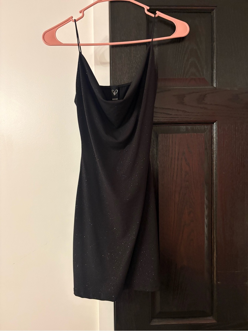Windsor Black Sparkle Cowl Mini Dress with Spaghetti Straps